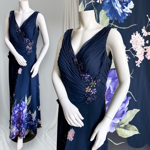 Ignite Evenings Navy Bead Floral Pleated Gown Floor Length Maxi Dress Wedding 14 - Picture 1 of 10